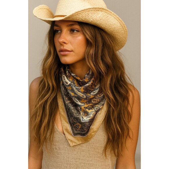 Gold Black Paisley Silk Scarf Western Wild Rage Boho Chic Square Lightweight Ret - Picture 3 of 7